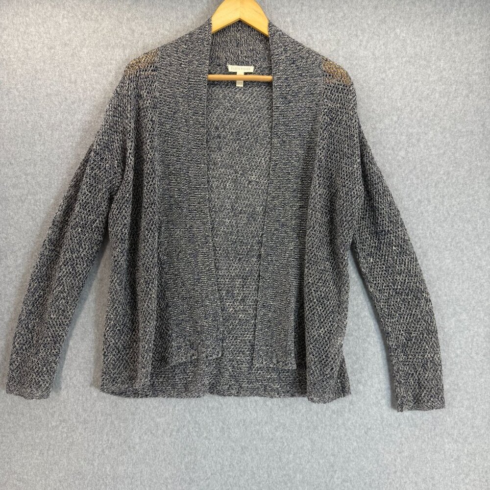 Eileen Fisher Womens XS Organic Linen Open Cardigan Sweater Navy Blue Tan Knit